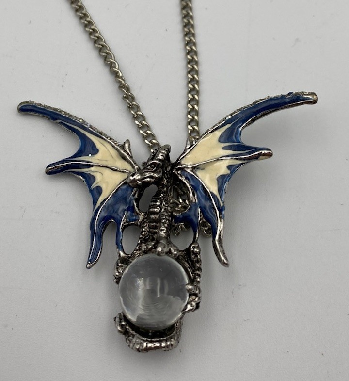 Dragon Pewter Pendant Necklace With Crystal Ball Blue/Cream Fantasy Gothic