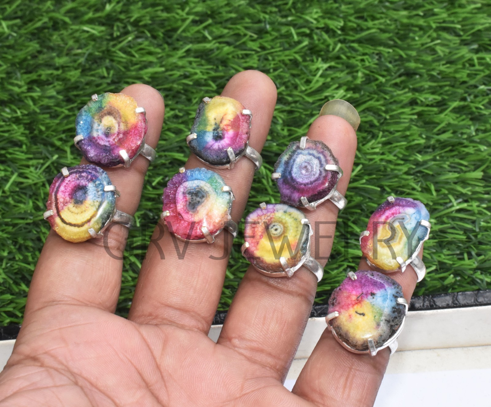 1-500 Pcs Natural Rainbow Solar Quartz In Rings Lot Bulk: Silver Plated Whr-70