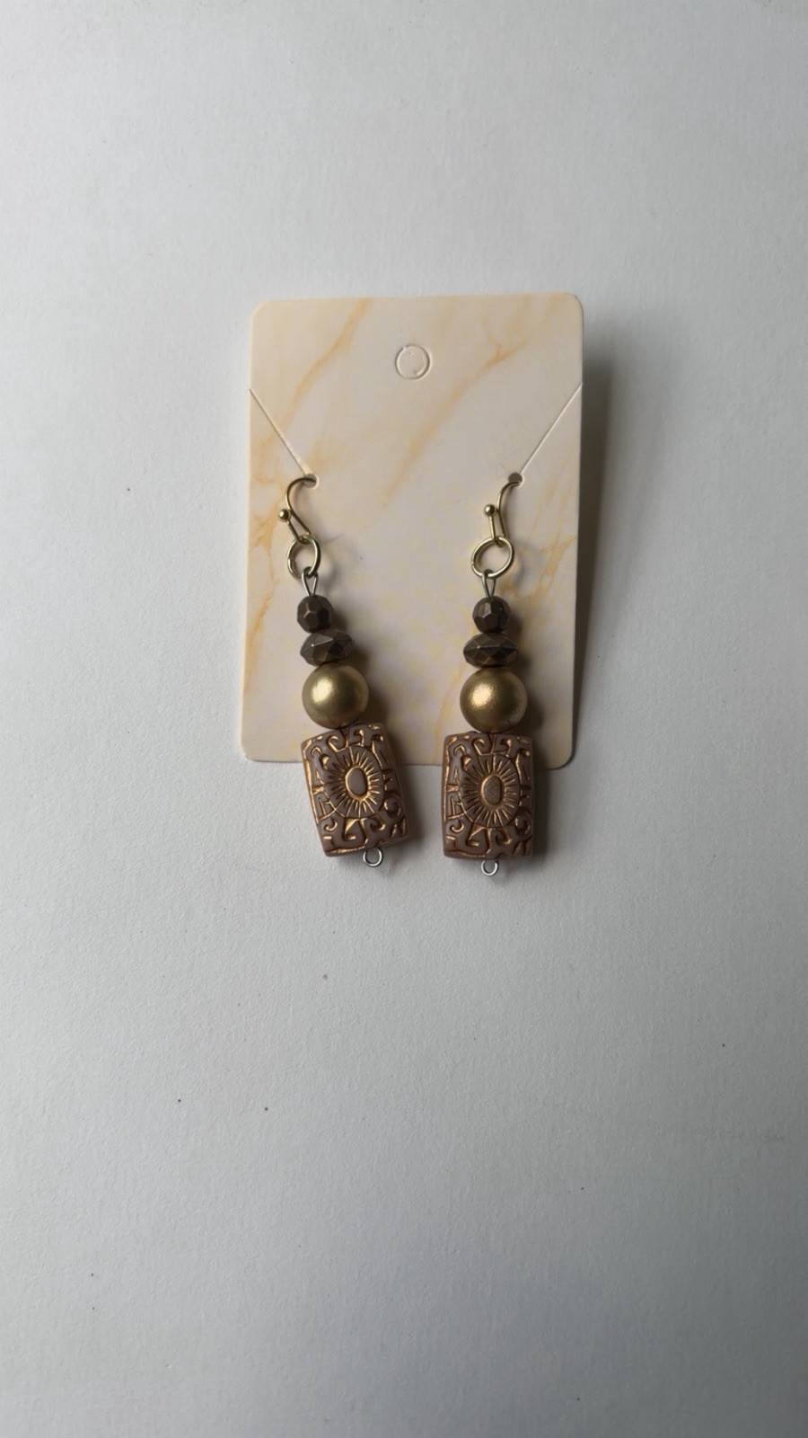 Handmade Boho Sun Goddess Earrings 2.25 Inches Acrylic Bronze Gold Carved Dangle