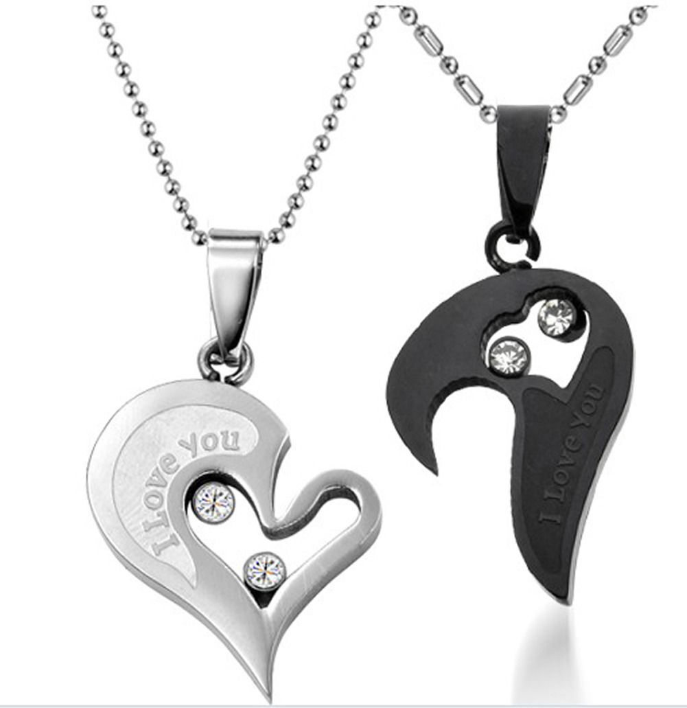1Set Stainless Steel Couple Necklace Pendant Love Heart Matching With Chain