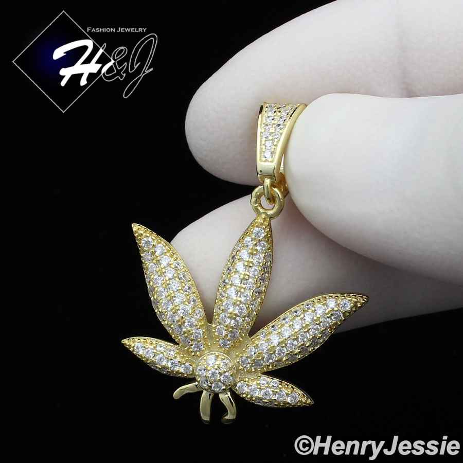 925 STERLING SILVER ICY CUBIC ZIRCONIA GOLD PLATED 3D MARIJUANA LEAF PENDANT*173