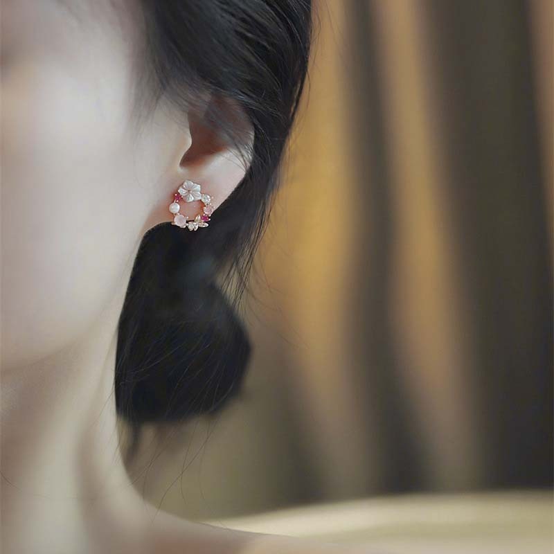 Y2k Pink Crystal Circle Flower Pearl Dainty Minimalist Women Stud Earrings