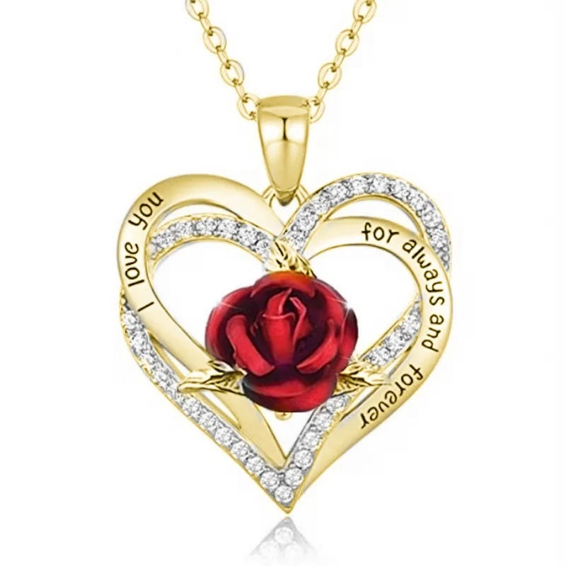 Fashion Women Heart Rose Necklace Cross Heart Bow Pendant Engagement Necklace fo