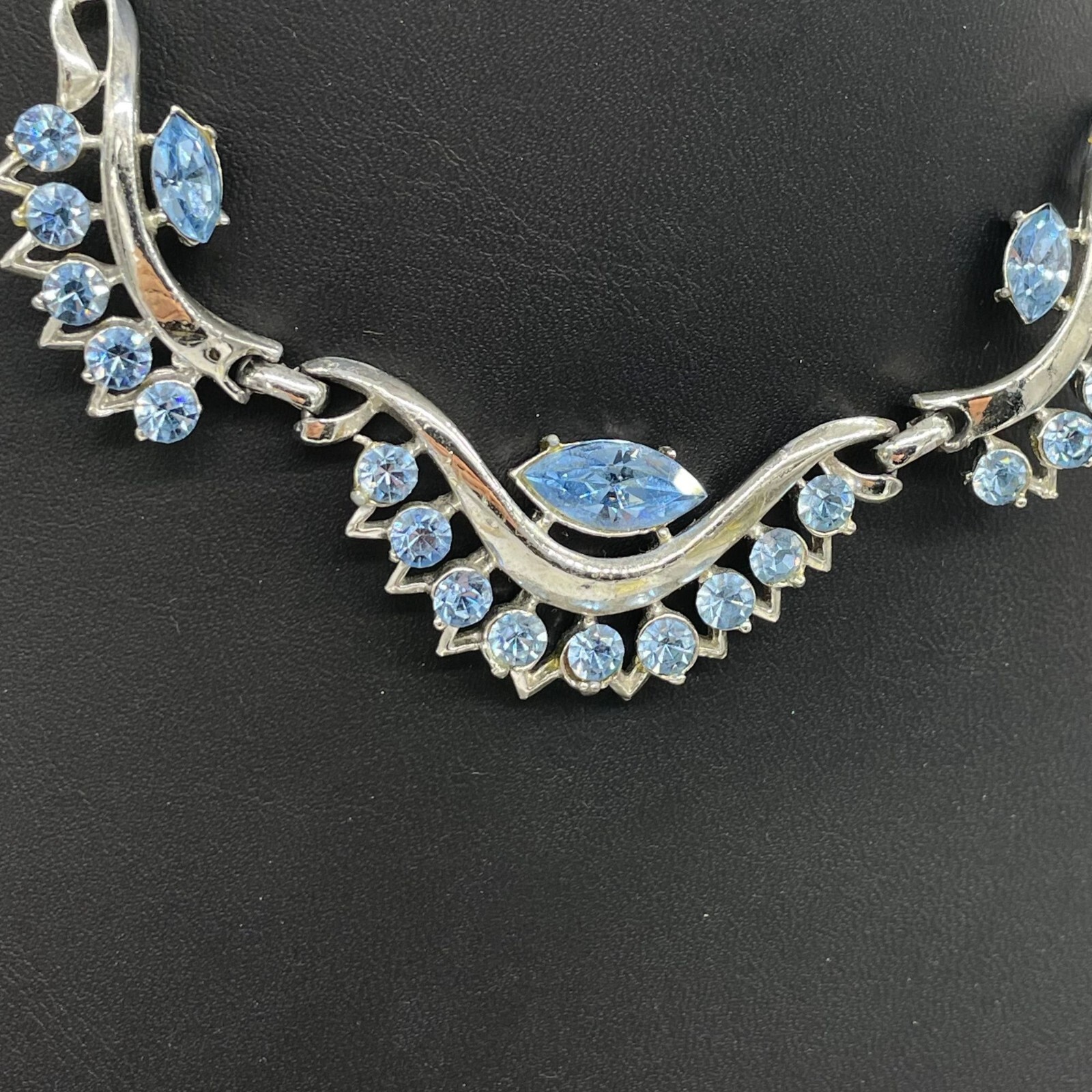 Blue Rhinestone Crystal Chain Necklace 14 to 17 Inches Hook Closure Silver Tone