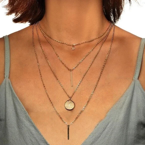 Four (4) Layered Multi Chain Gold Necklace, Column, Pendant and Star