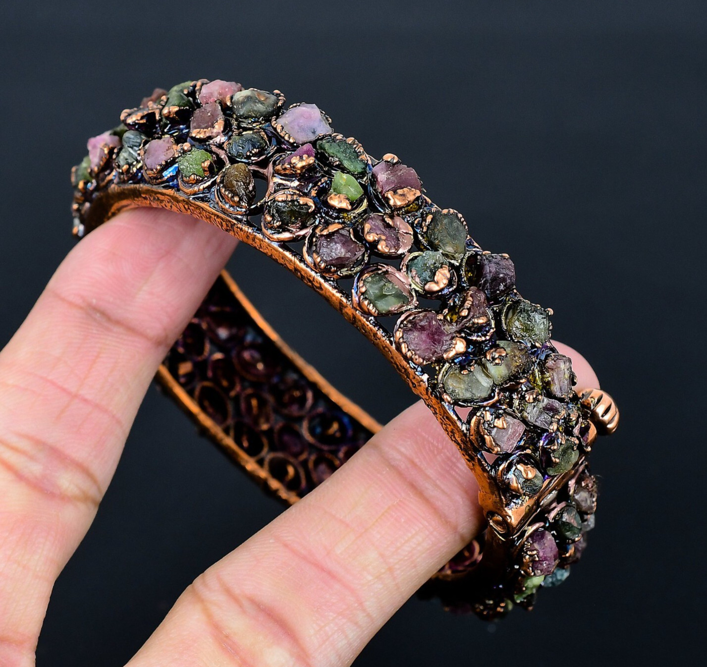 Multi-Tourmaline Balancing Gemstones Copper Wire Wrap Handmade Bangle Jewelry