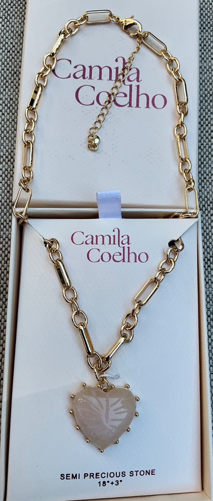 Camila Coelho Pink Heart Semi precious Stone pendant Gold Necklace 17”+NWT