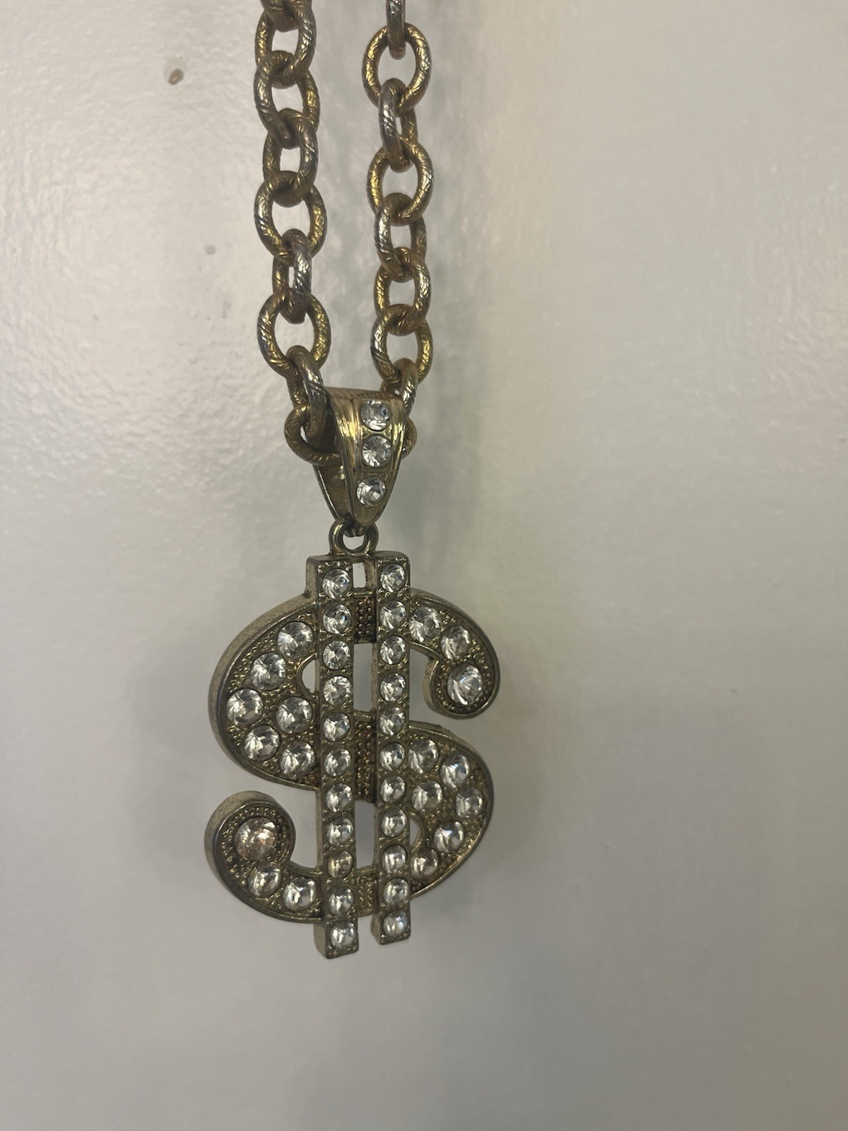 Gold Tone Cable Chain Necklace w/ Crystal Pavé Dollar Sign Charm Pendant