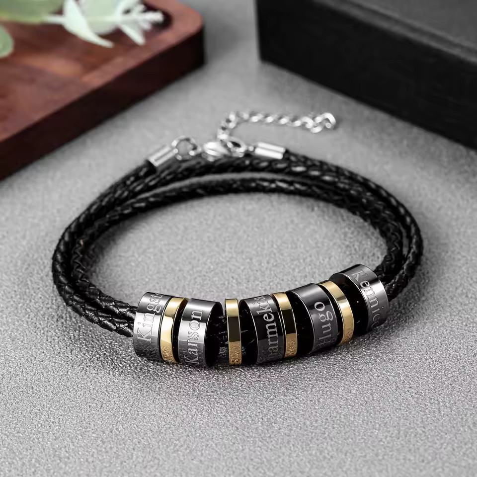 Custom 1-6 Name Leather Bracelet Stainless Steel Jewelry Men Silver Gold Black