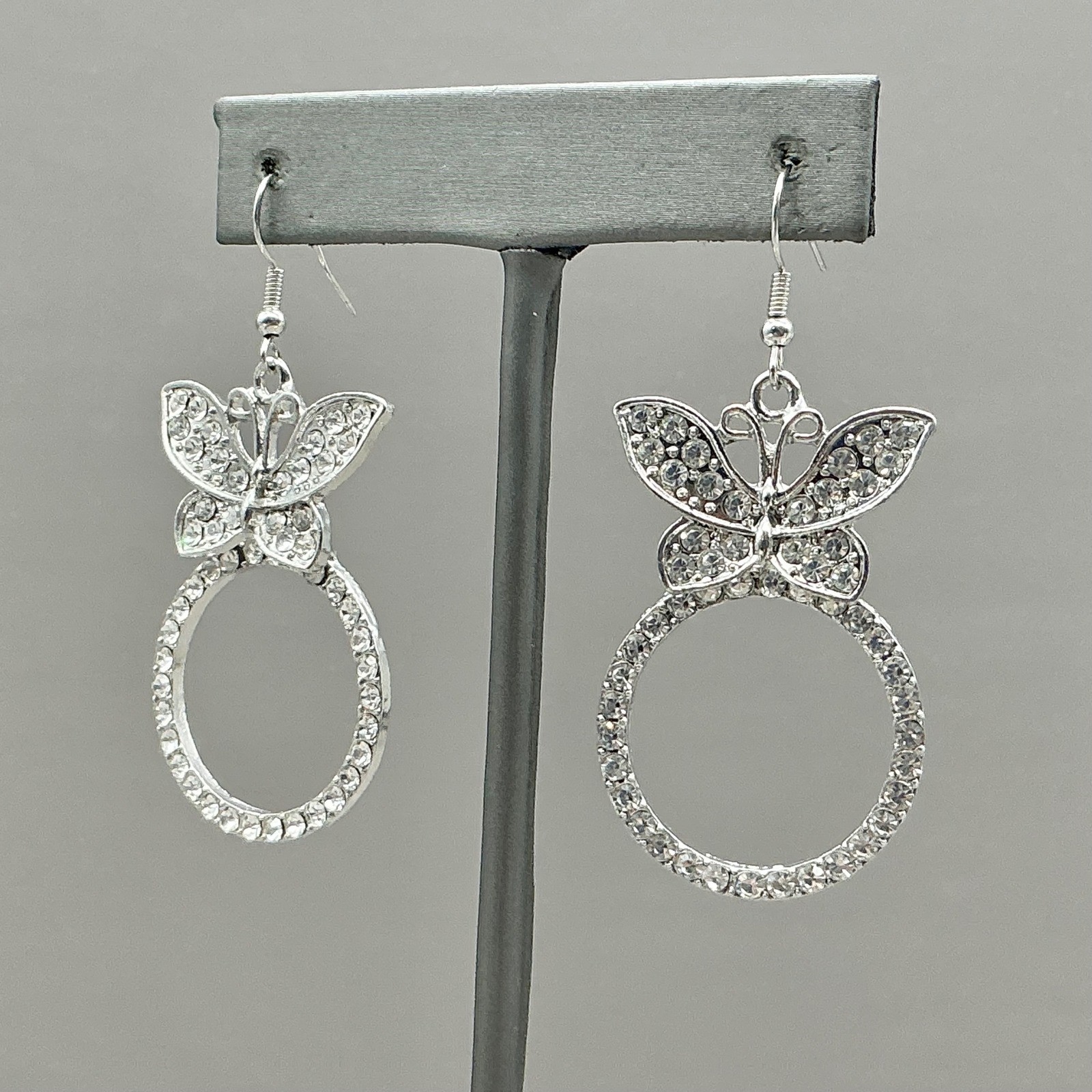 Earrings Womens Silver Tone Butterfly Rhinestone Hoop Dangle Drop 2.25 Inches