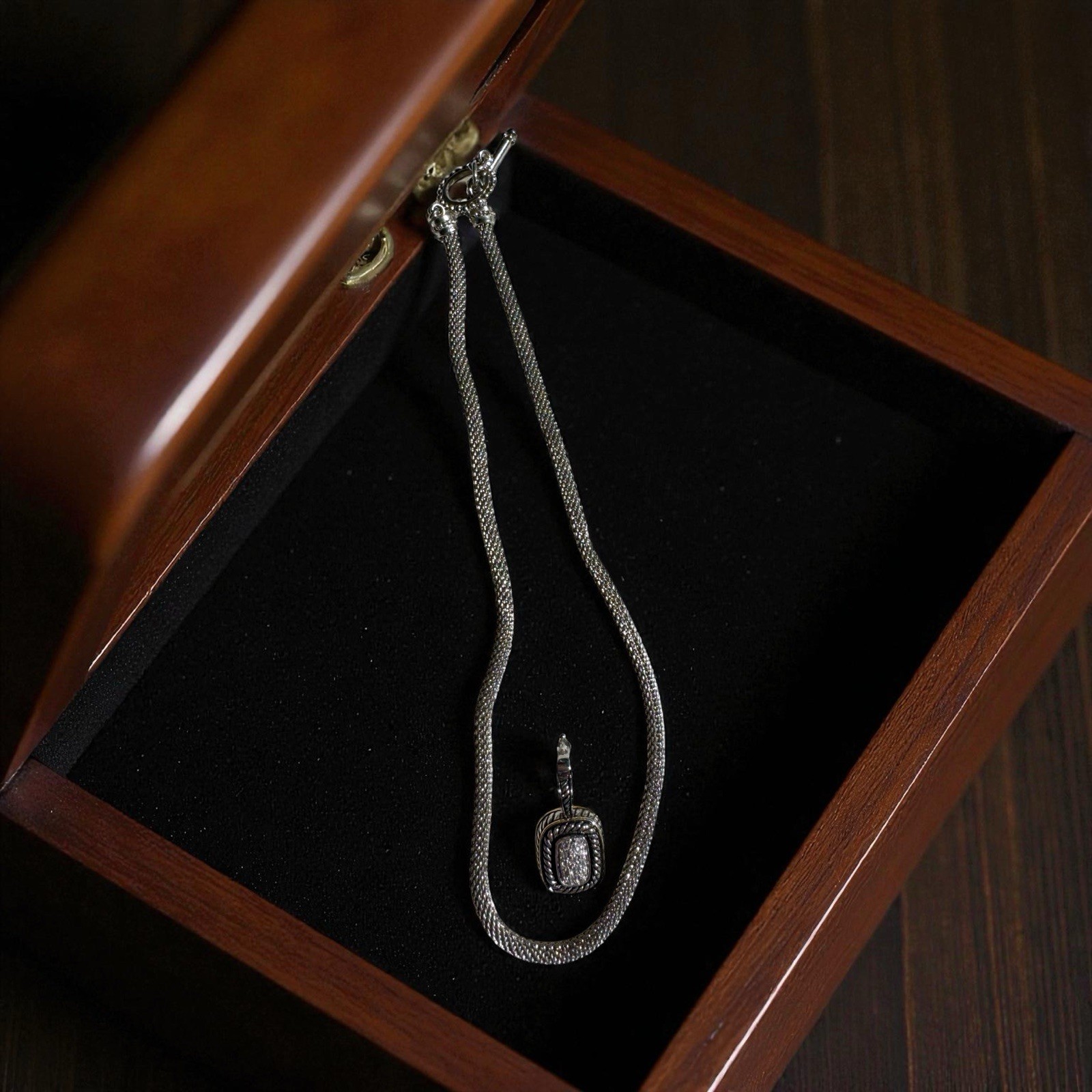 PREMIER Silver & Gold Necklace w/ REMOVABLE Rectangle Rope Pendant w/ Crystals