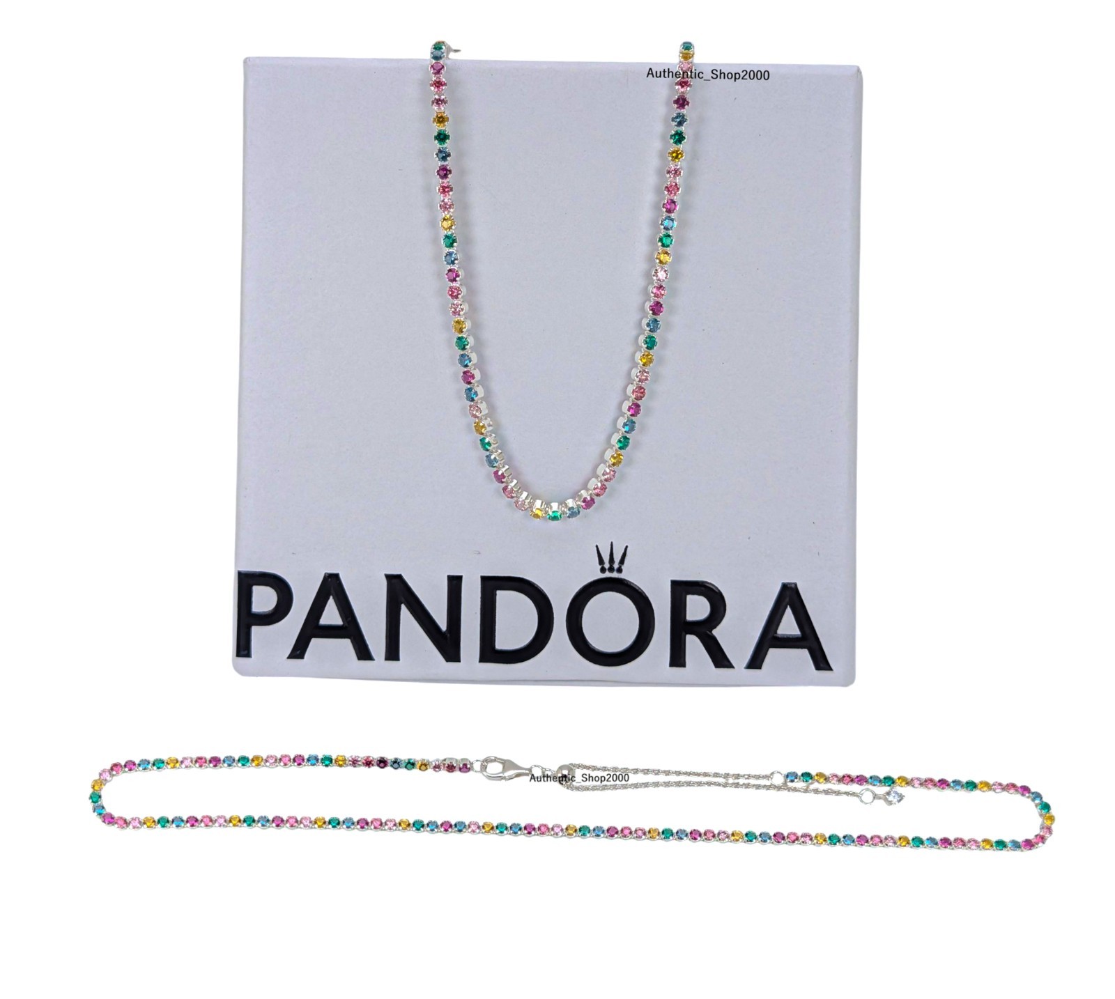 NEW 100% Authentic PANDORA 925 Colorful Rainbow Tennis Chain Necklace 394648C01