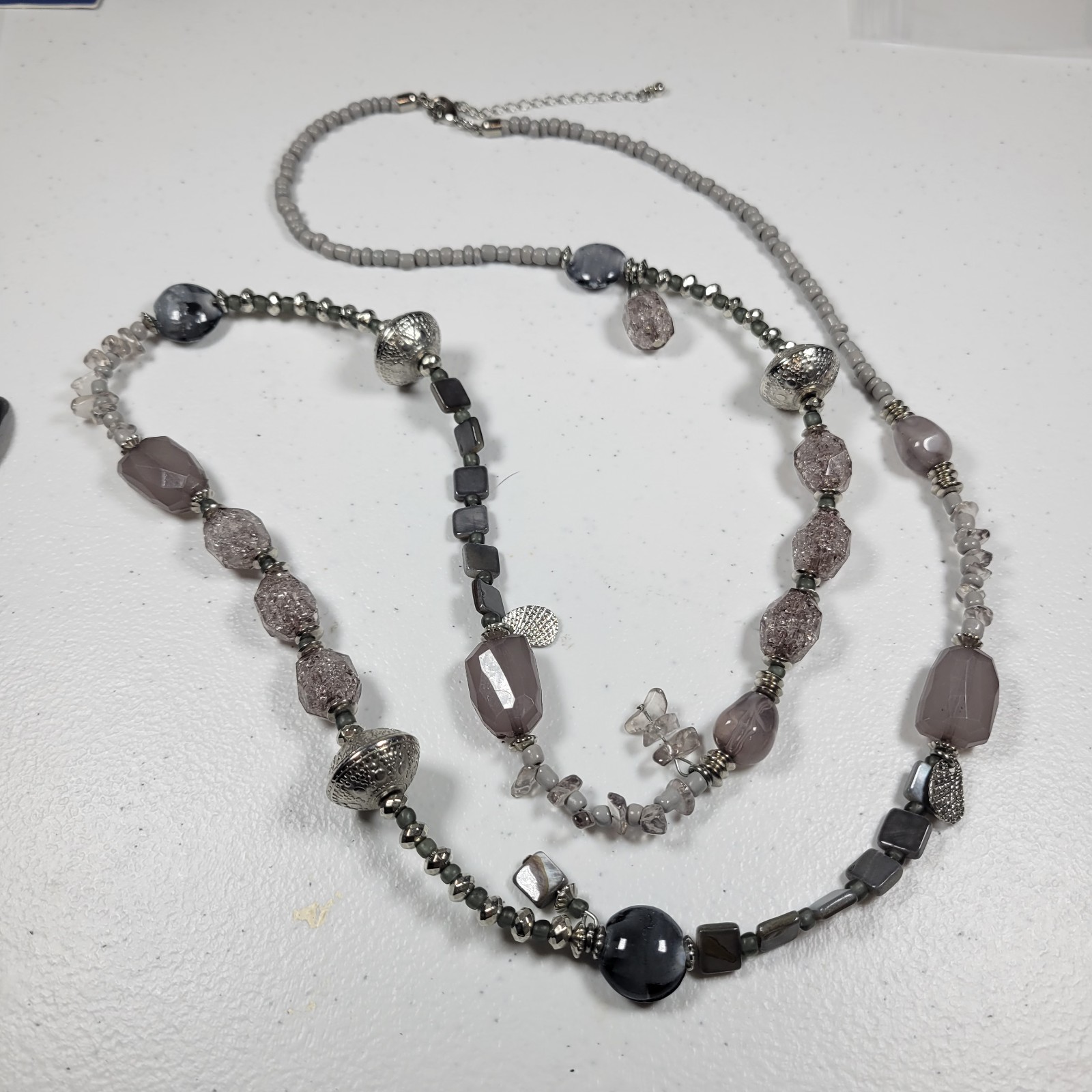 42″ Long Gray Beaded Necklace Mixed Acrylic Shell Metal Seed Bead Textures