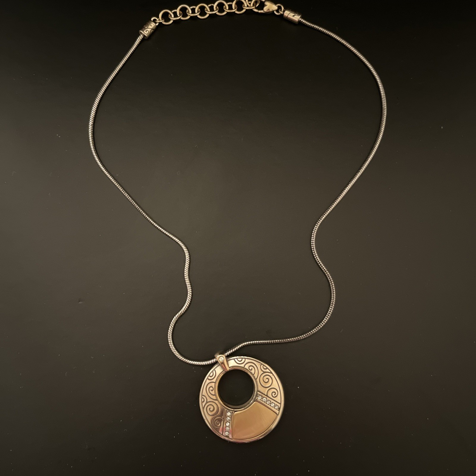 BRIGHTON RHYTHMS Black & Gold Round Reversible NECKLACE w/ Clear Crystal Accents