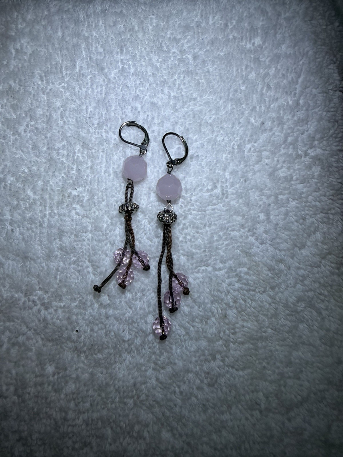 Pink Round Glass Bead Dangle/Drop Leverback Earrings Silver Tone Metal