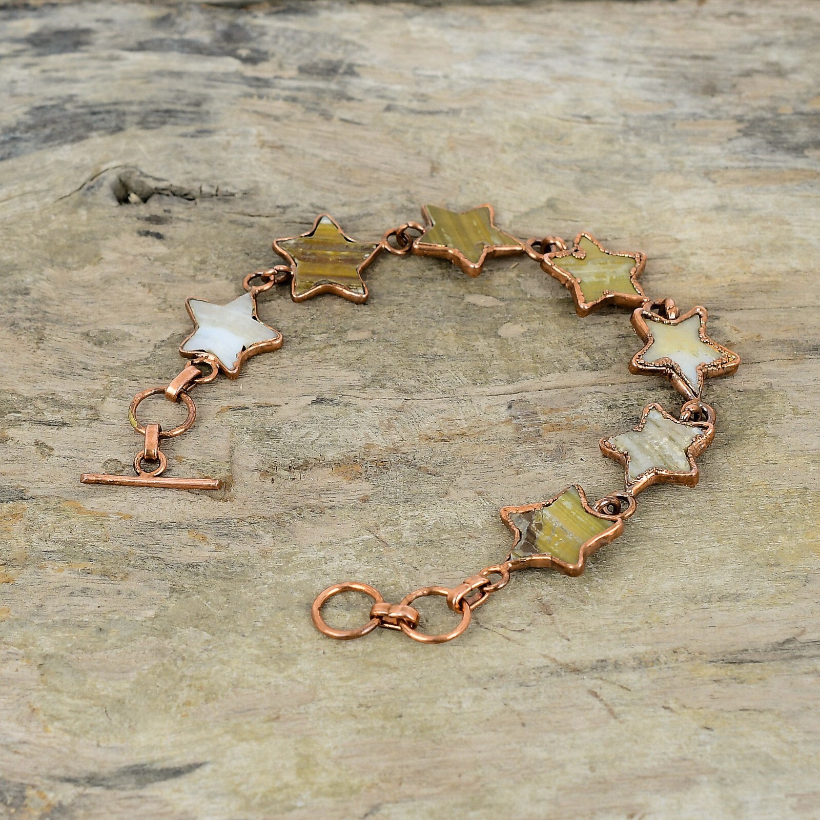 Copper Pentagon Mother Of Pearl Gemstone Electroformed And Star Chain Bracelet