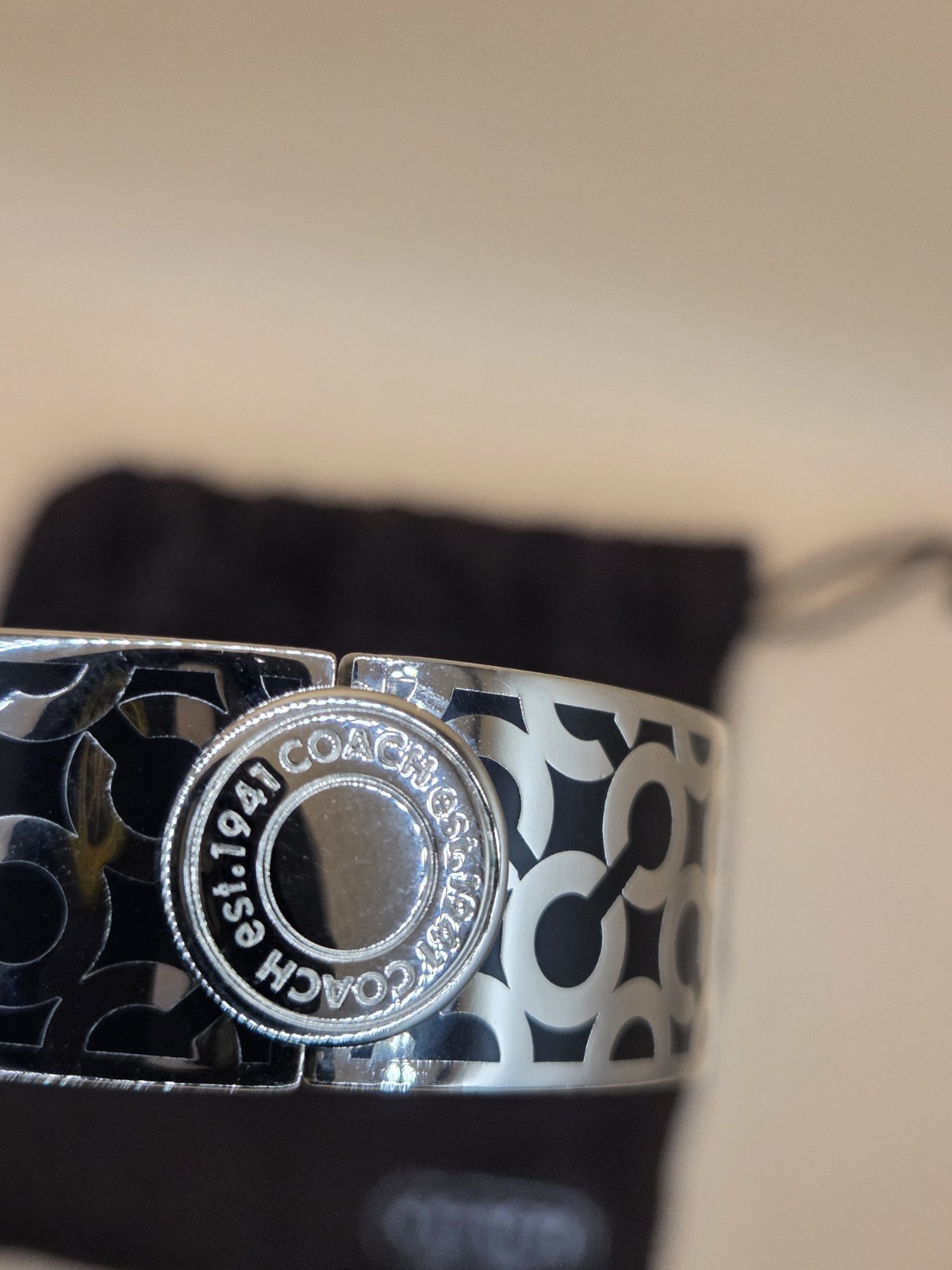 Coach Silver Tone Black Enamel Signature C Logo Cuff Bangle Bracelet Signed