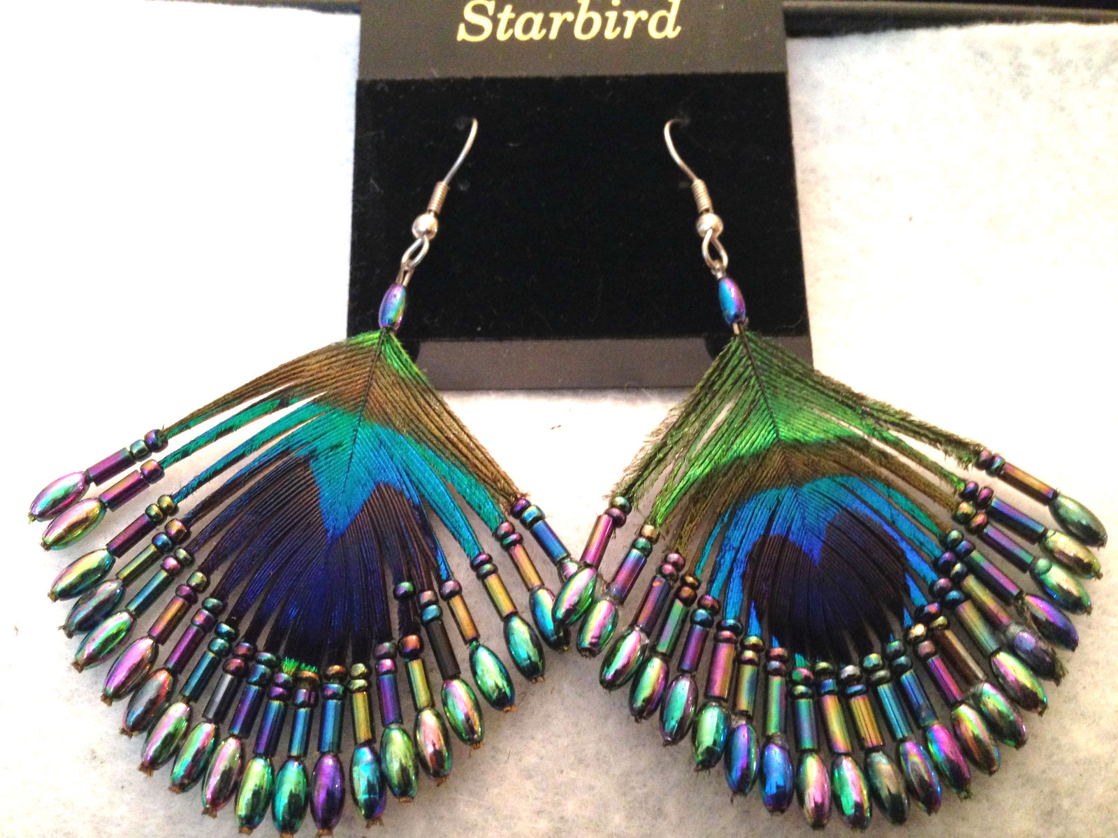 PEACOCK FEATHER BEADED EARRINGS AURORA BOREALIS 80’s VINTAGE