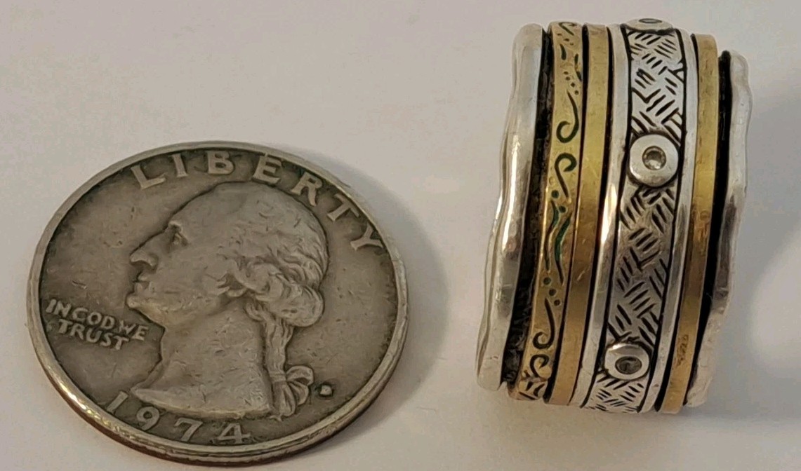 Silpada Isabella Spinner Ring Sterling & Brass Etched Bands Cz Size 8.5 17 grams