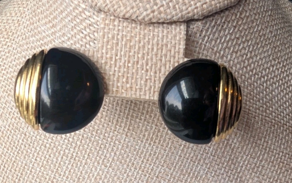 VTG Black/ Brown Lucite Cabochon Gold Tone Clip-On Earrings Retro