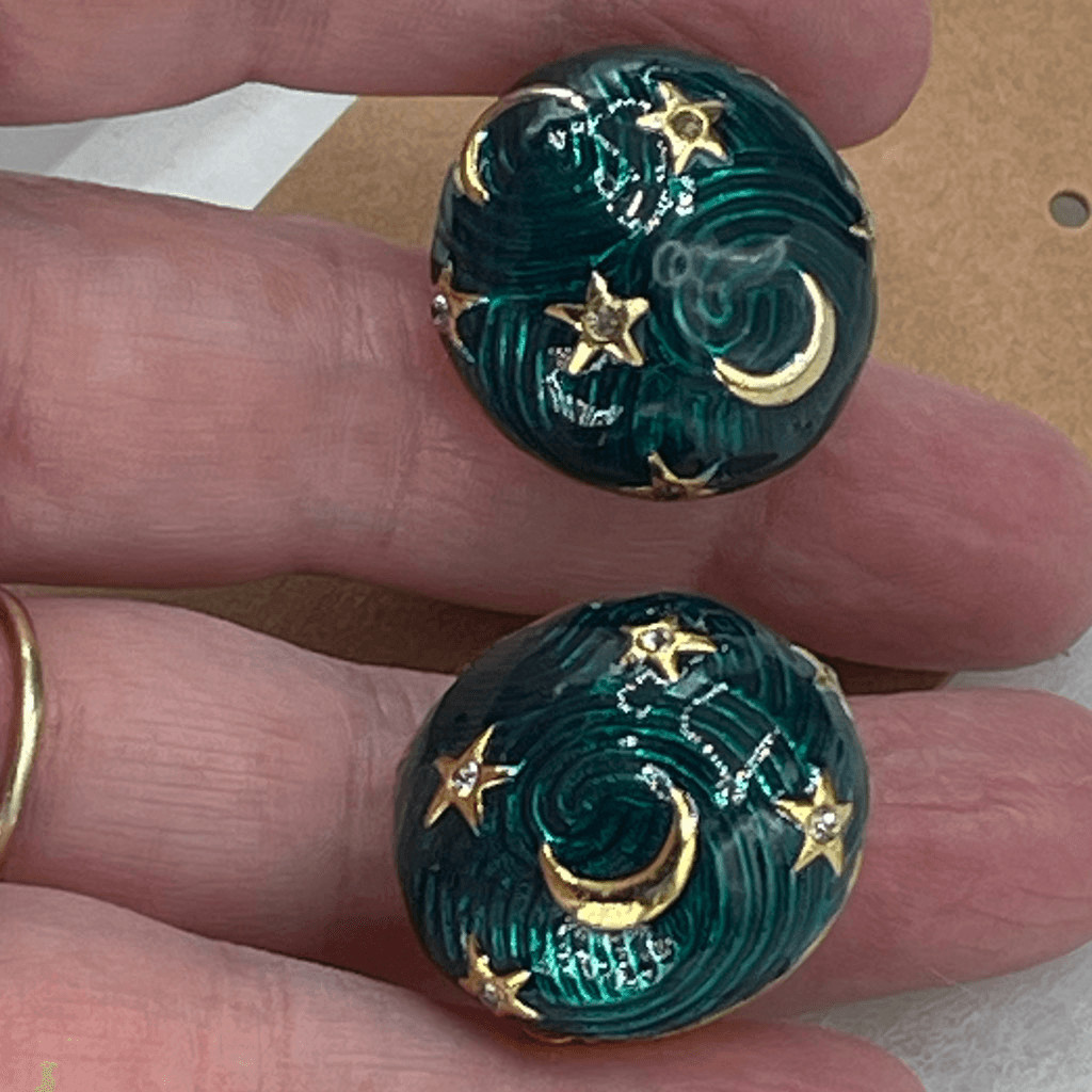 Vintage Celestial themed enamel dome clip earrings