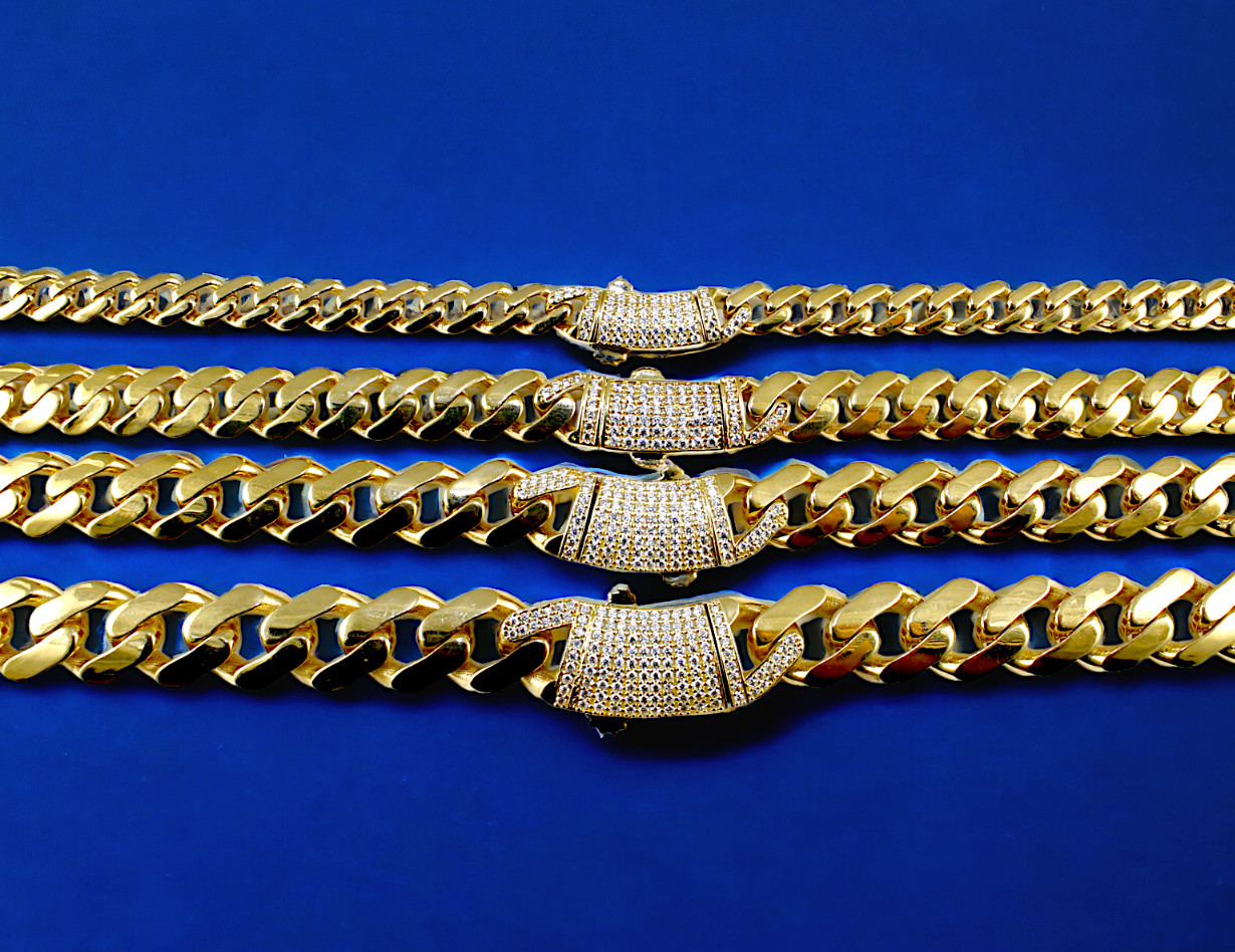 14K Yellow Gold Monaco Miami Cuban Link Chain Necklace CZ Pave 6mm-13mm 16″-30″
