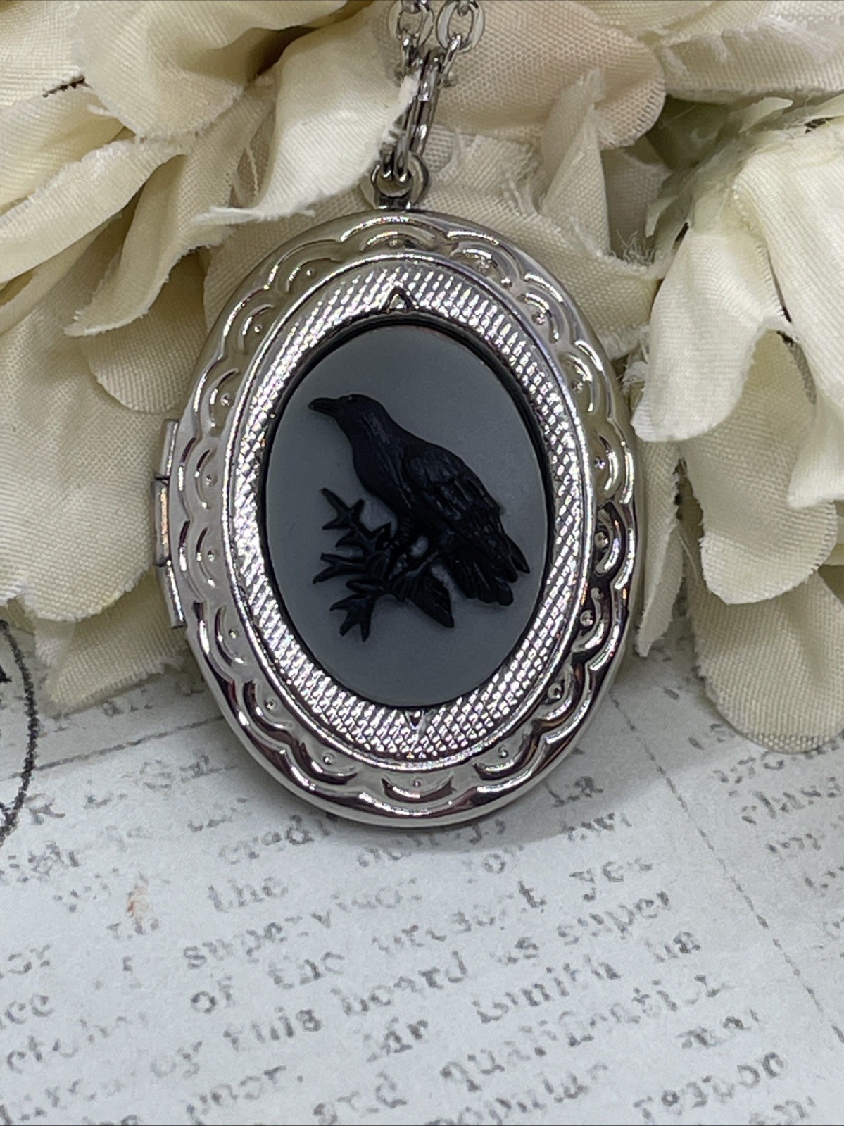 Silver Raven Black Gray Crow Locket Necklace Pendant Gothic Wedding Festival