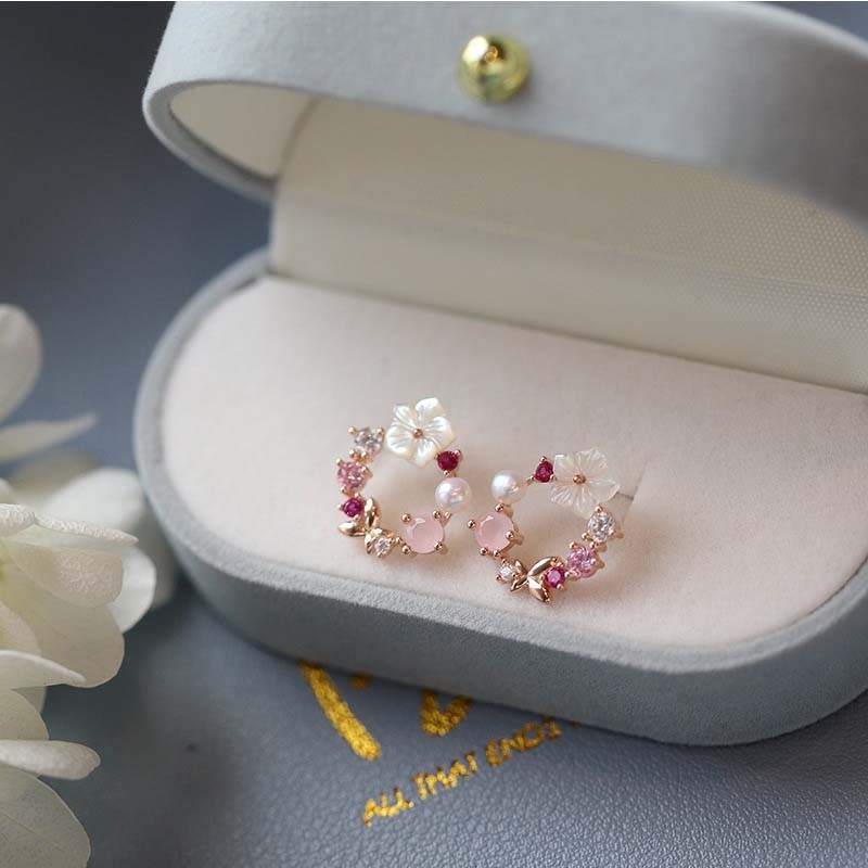 Y2k Pink Crystal Circle Flower Pearl Dainty Minimalist Women Stud Earrings