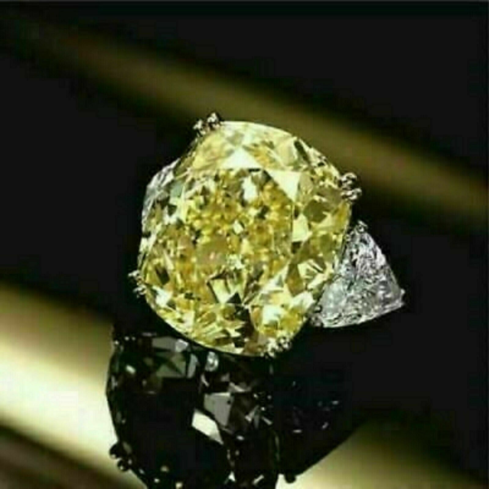 4Ct Cushion Cut Simulated Canary Yellow & Diamond Ring 14k Two Tone Gold Finish