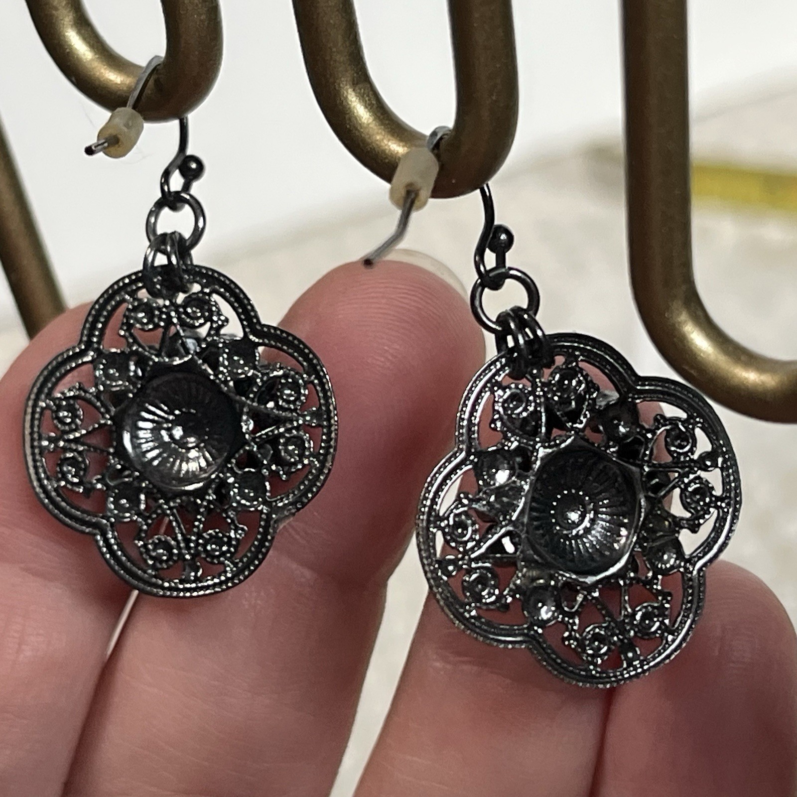 Gunmetal Tone Filigree Medallion Earrings Pendant Dangle Drop Pink & Gray Stones