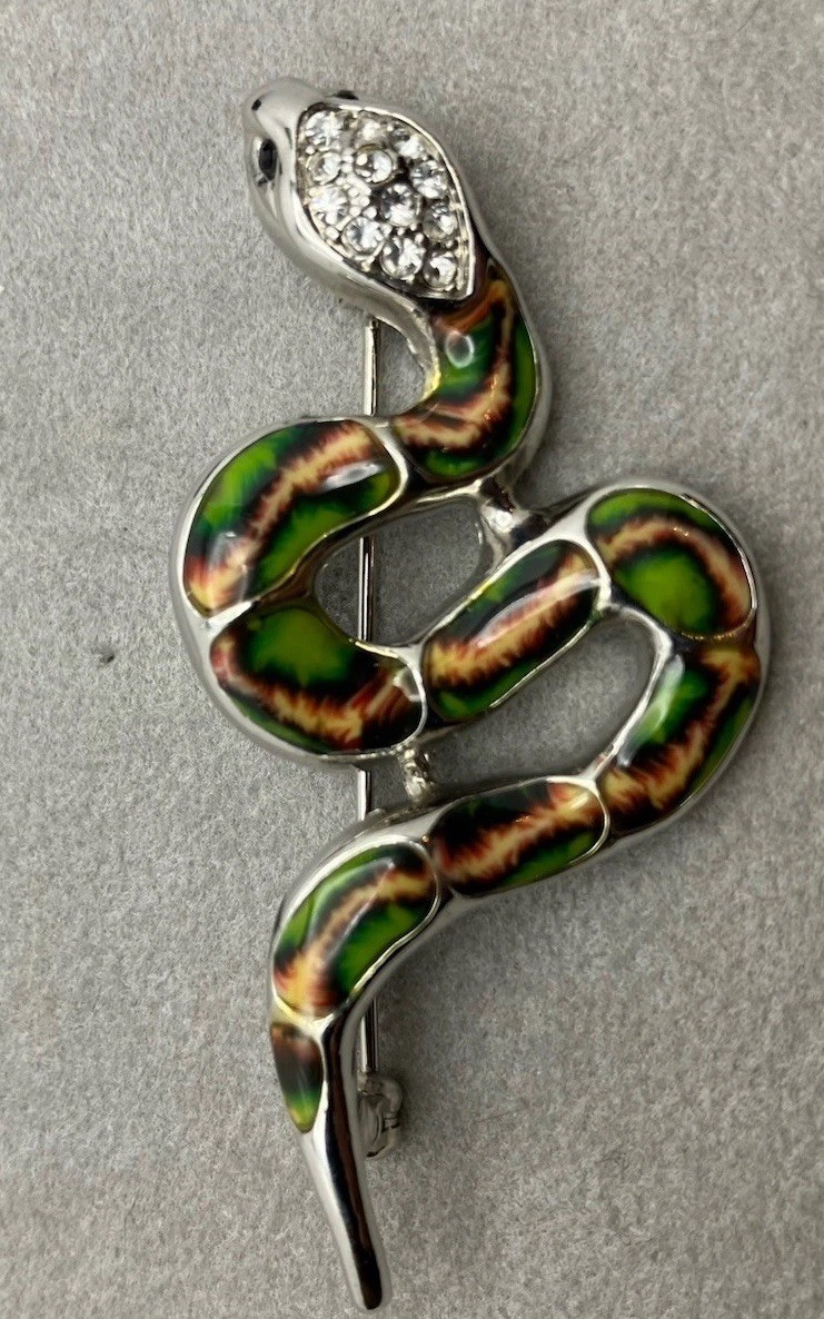 Silver Tone Enameled Snake Brooch Rhinestone Head 2.25 Inches