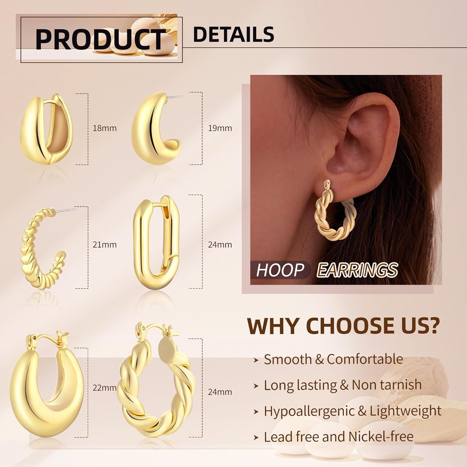 6 Pairs 14K Gold Plated Hoop Earrings for Women Lightweight Chunky Hoop Earrings