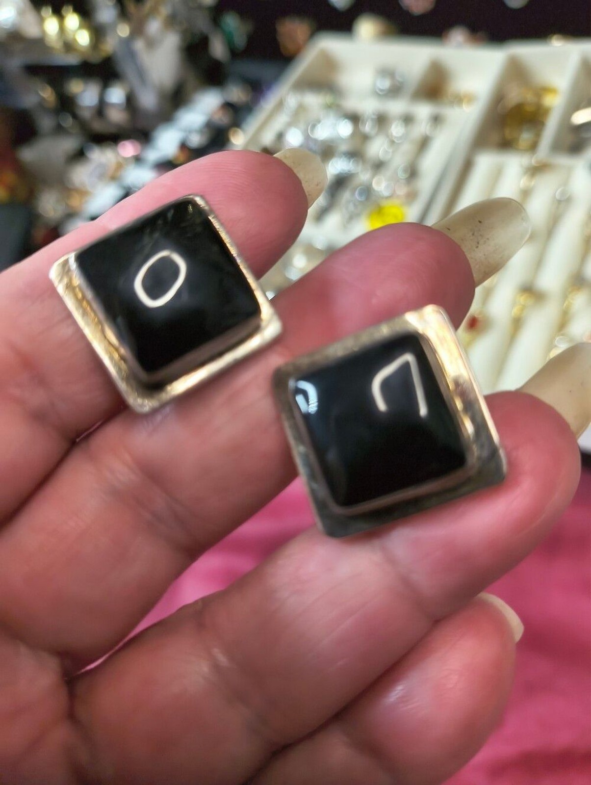 Vintage Sterling Silver Black Onyx Square Stud Earrings Signed Artisan 16g