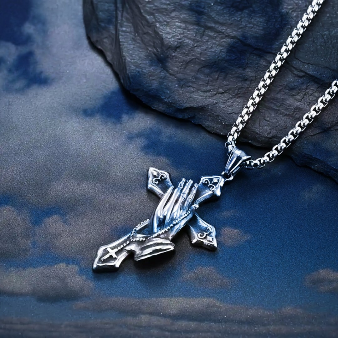 Praying Hands Cross Pendant Necklace Chain Faith Gift Mens Stainless Steel 24″