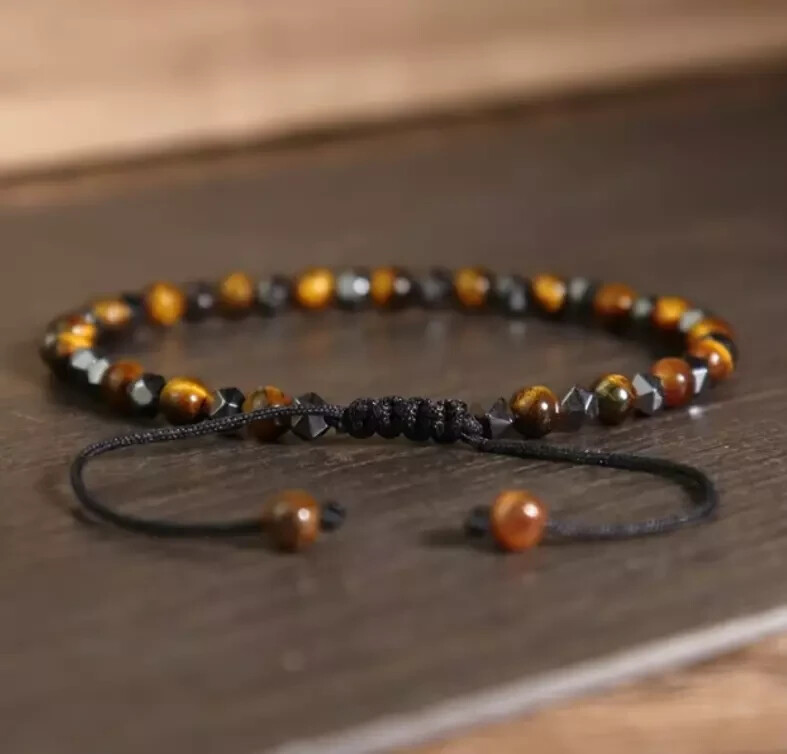 Hematite Tiger’s Eye Obsidian Crystal Gemstone Beaded Triple Protection Bracelet