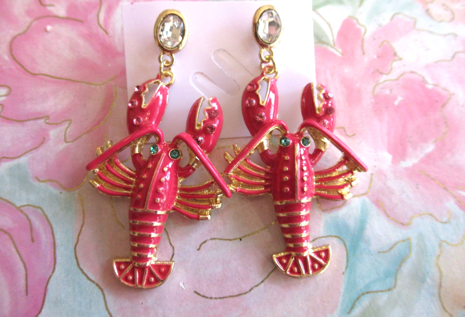 Designer Inspired Lobster Enamel Crystal Rhinestones Dangle Drop Earring NWT