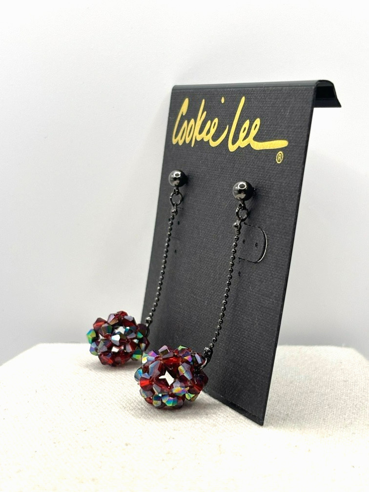 Cookie Lee Red Aurora Borealis Glass Bead Ball Drop Gunmetal Tone Earrings NWT