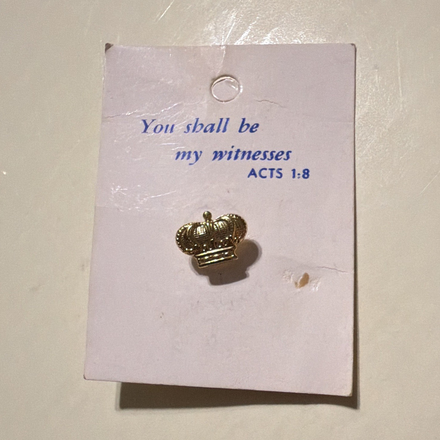 Gold Tone Crown Religious Metal Lapel Pin Tie Tack, Acts 1:8 “Witnesses”