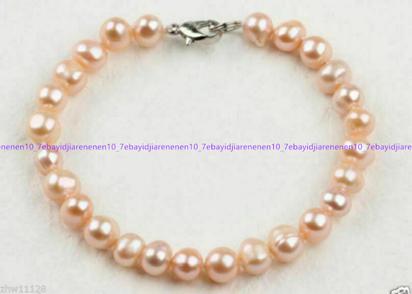 Genuine 7-8/8-9/9-10mm Natural Pink Freshwater Cultured Pearl Bracelet 7.5 in