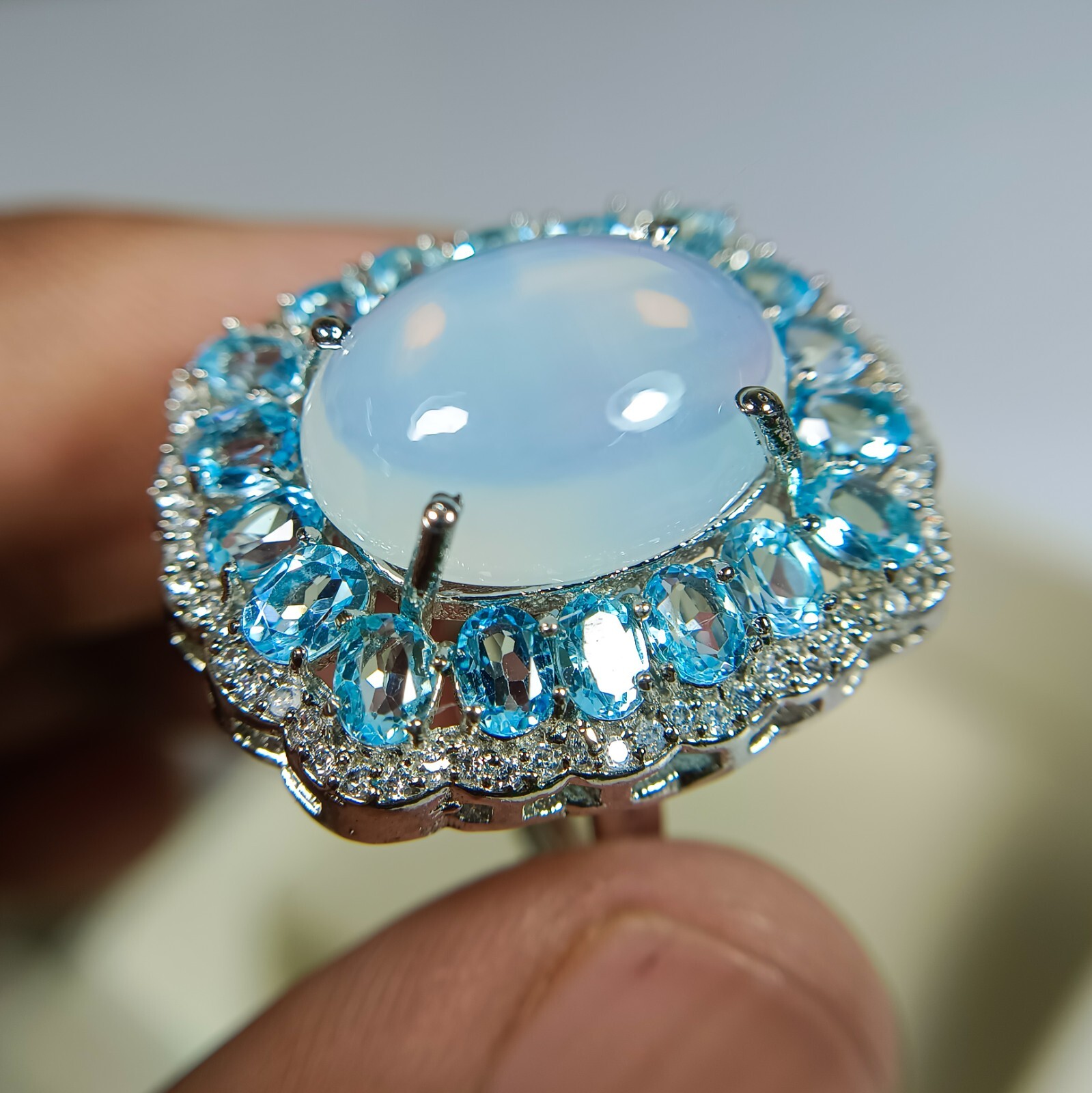 Natural Opalite Ring 925 Sterling Silver With Blue Topaz All Size Available