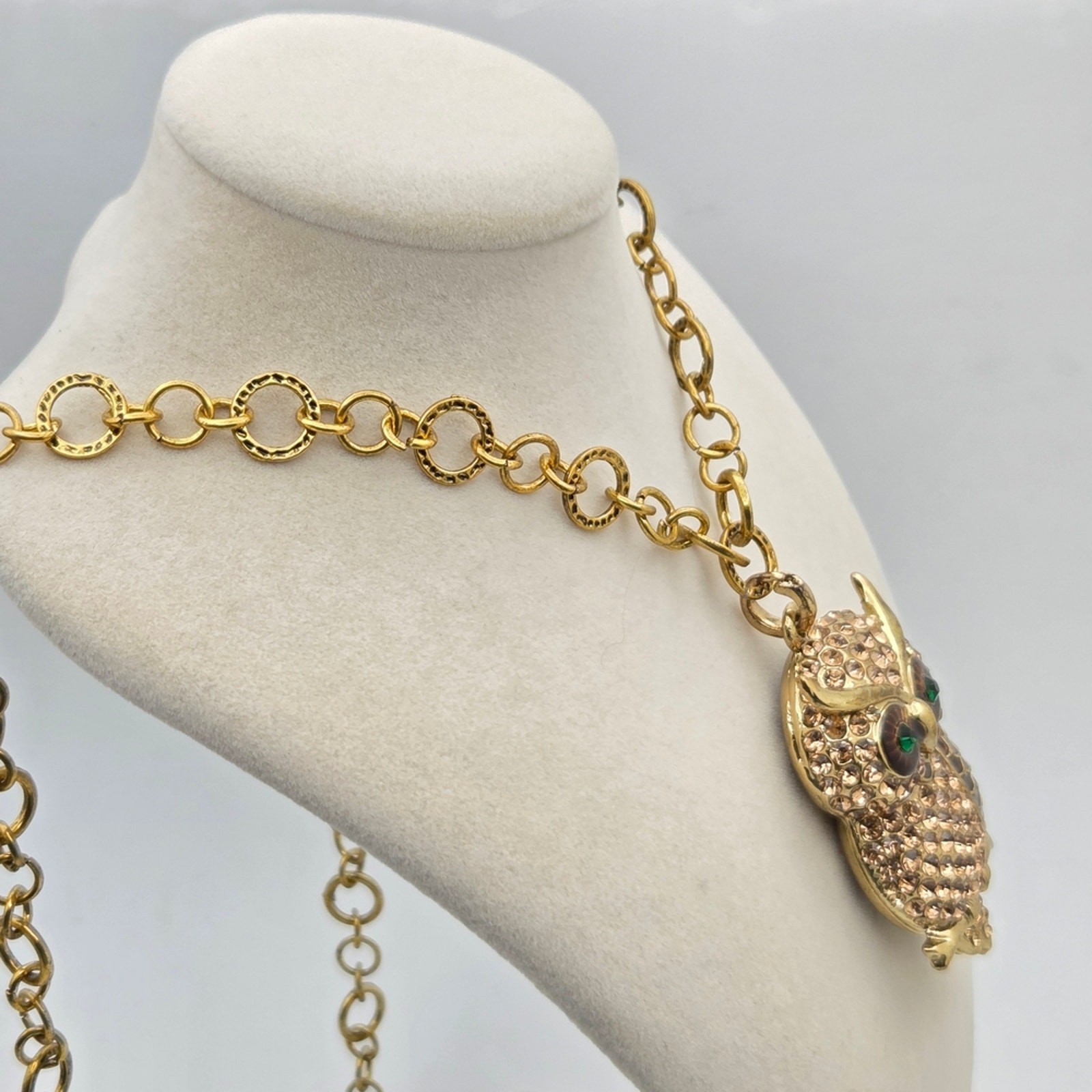 Vintage-Style Pave Crystal & Enamel Owl Statement Necklace