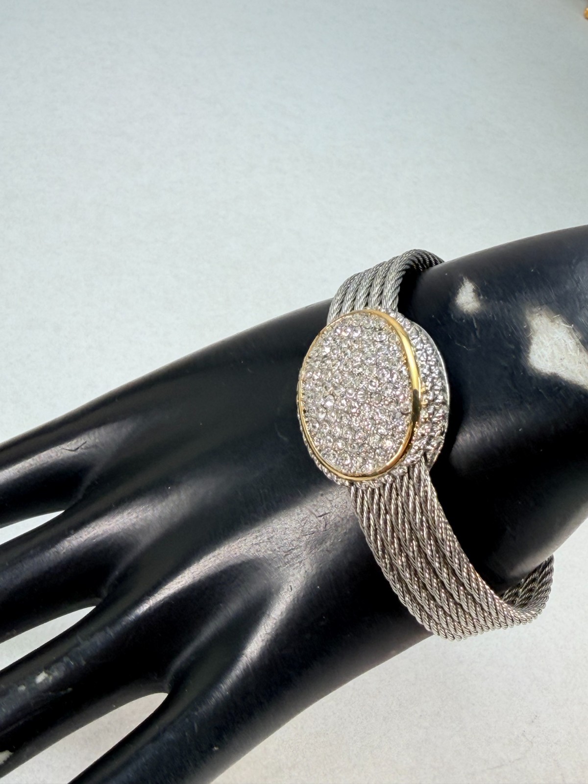 Two Tone Cable Cuff Bracelet Rhinestone Pave Center Statement Pretty Jewelry