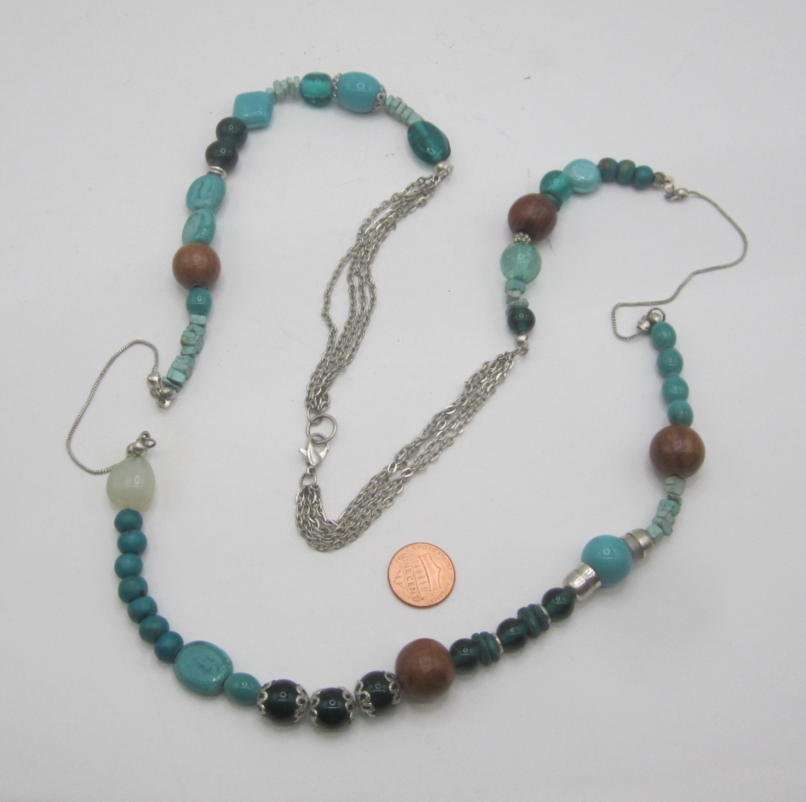 Blues, Silver & Brown Long Strand Necklace 42”