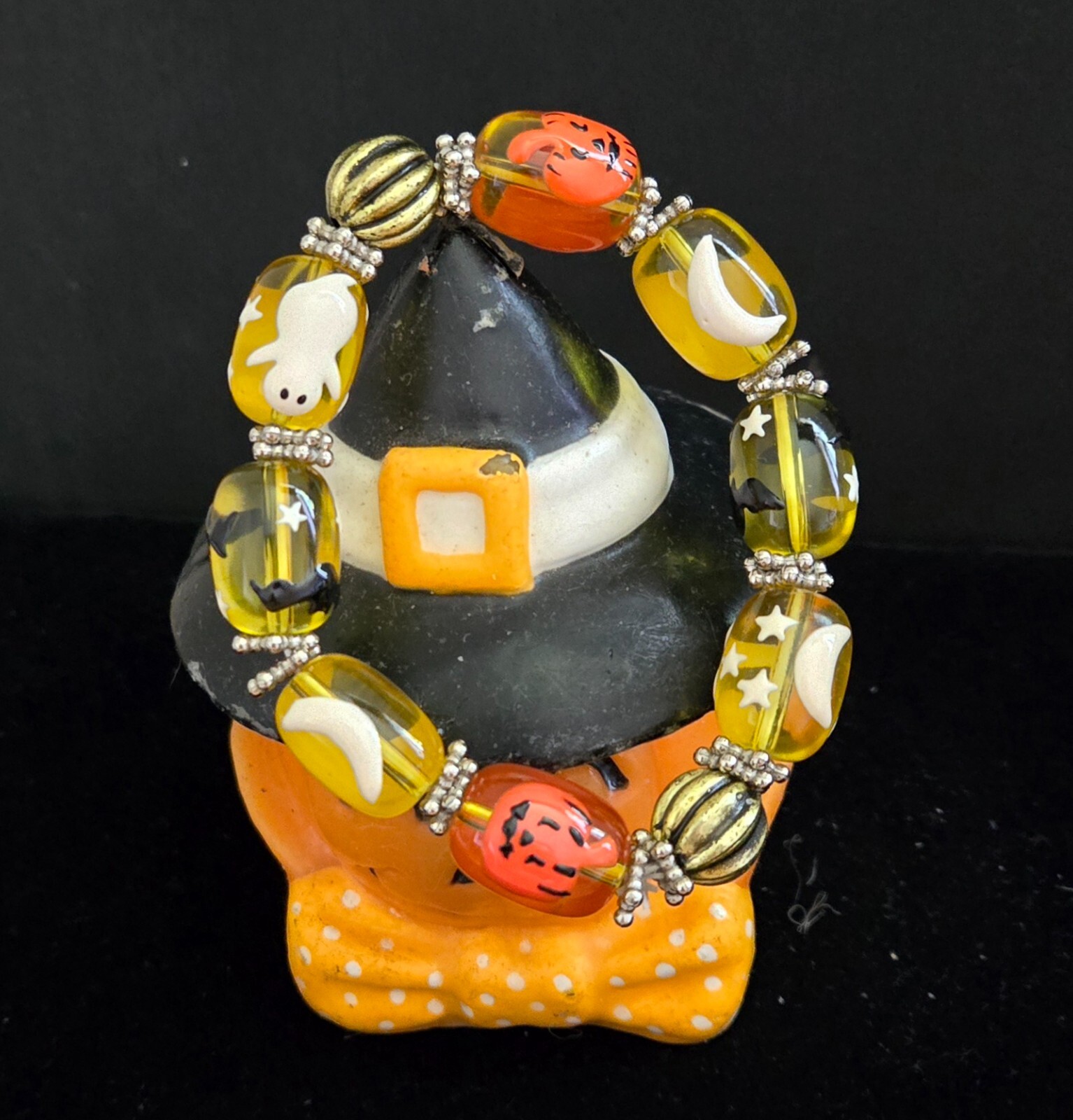 Halloween Bracelet Ghost Bat Dark Night Yellow Glass Beaded Stretch Woman