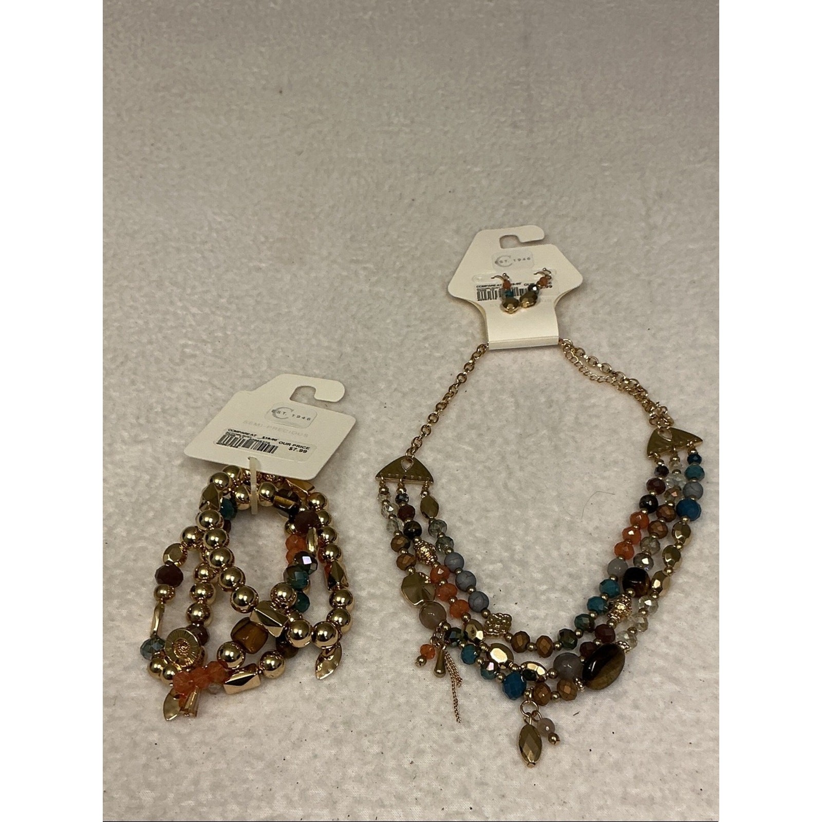 Multistrand Beaded Necklace with Gold Accents Stone Mix, bracelet,earrings, 3390