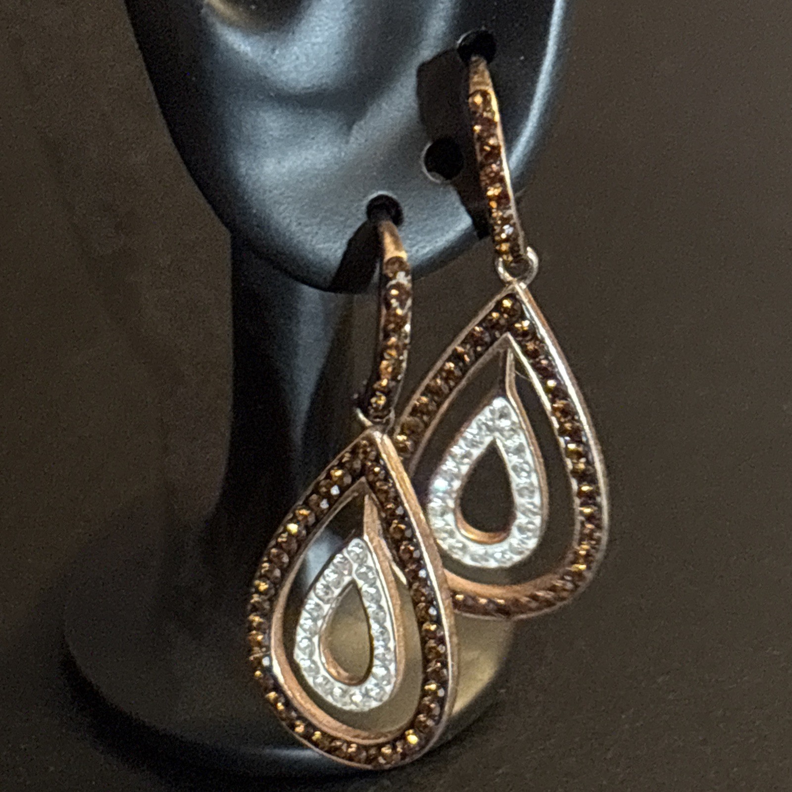 Beautiful Rose Gold Over Sterling Silver, With Brown & White Rhinestone Earrings