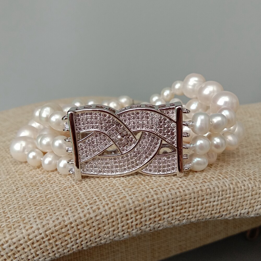 3 Strands Cultured White Pearl Cubic Zirconia Pave Bracelet 8″