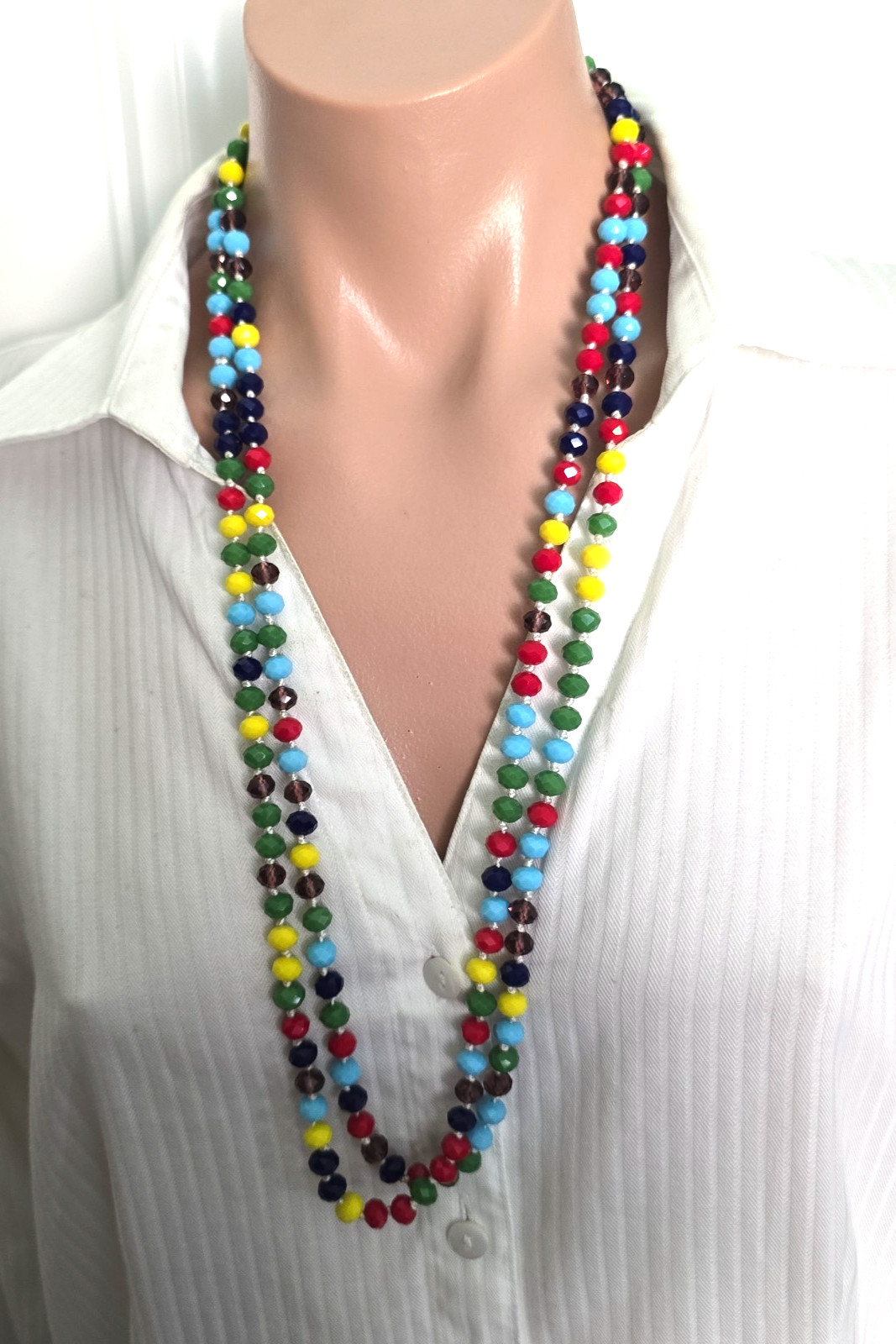 Colorful Faceted Glass beads hand Knotted Necklace Pull On 64″L