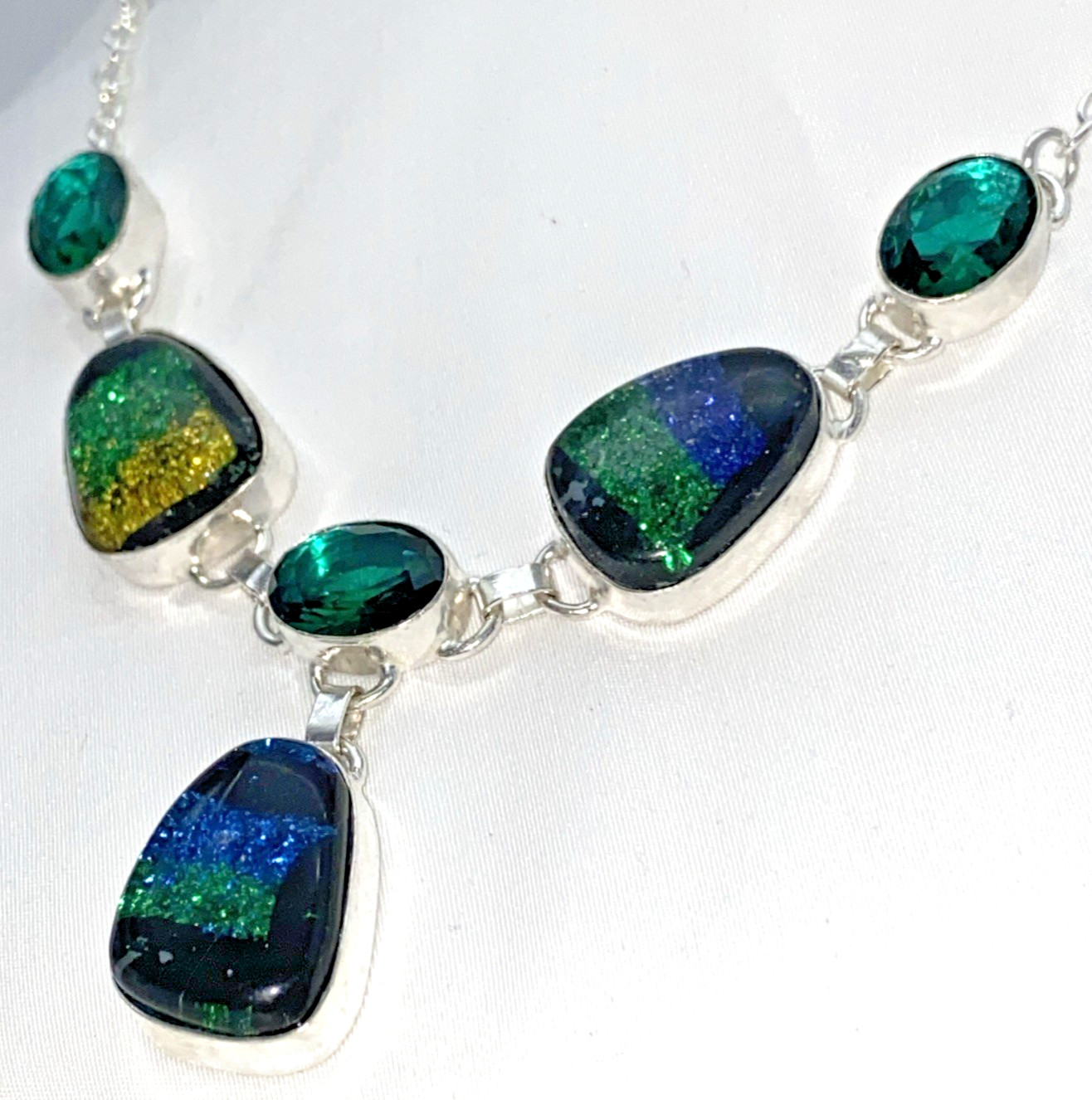 .925 Sterling Silver Dichroic Glass Handmade Chain Necklace
