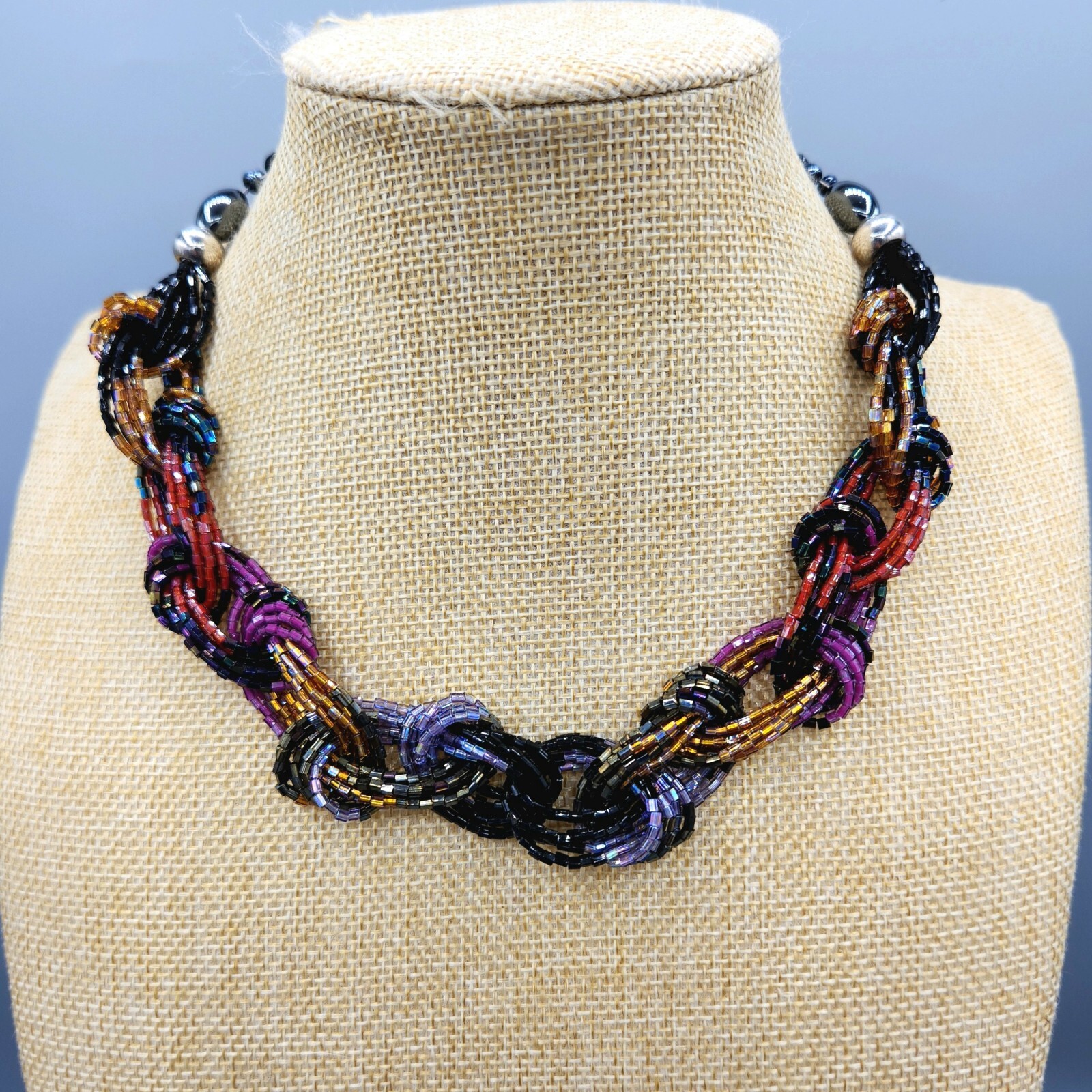 Artisan Multi Color Jewel Tone Fire Glazed Glass Bead Braided Necklace 19″